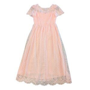 VINTAGE 70's JcPenney's Party Dress 11/12 Pink Lace Overlay Puff Sleeves